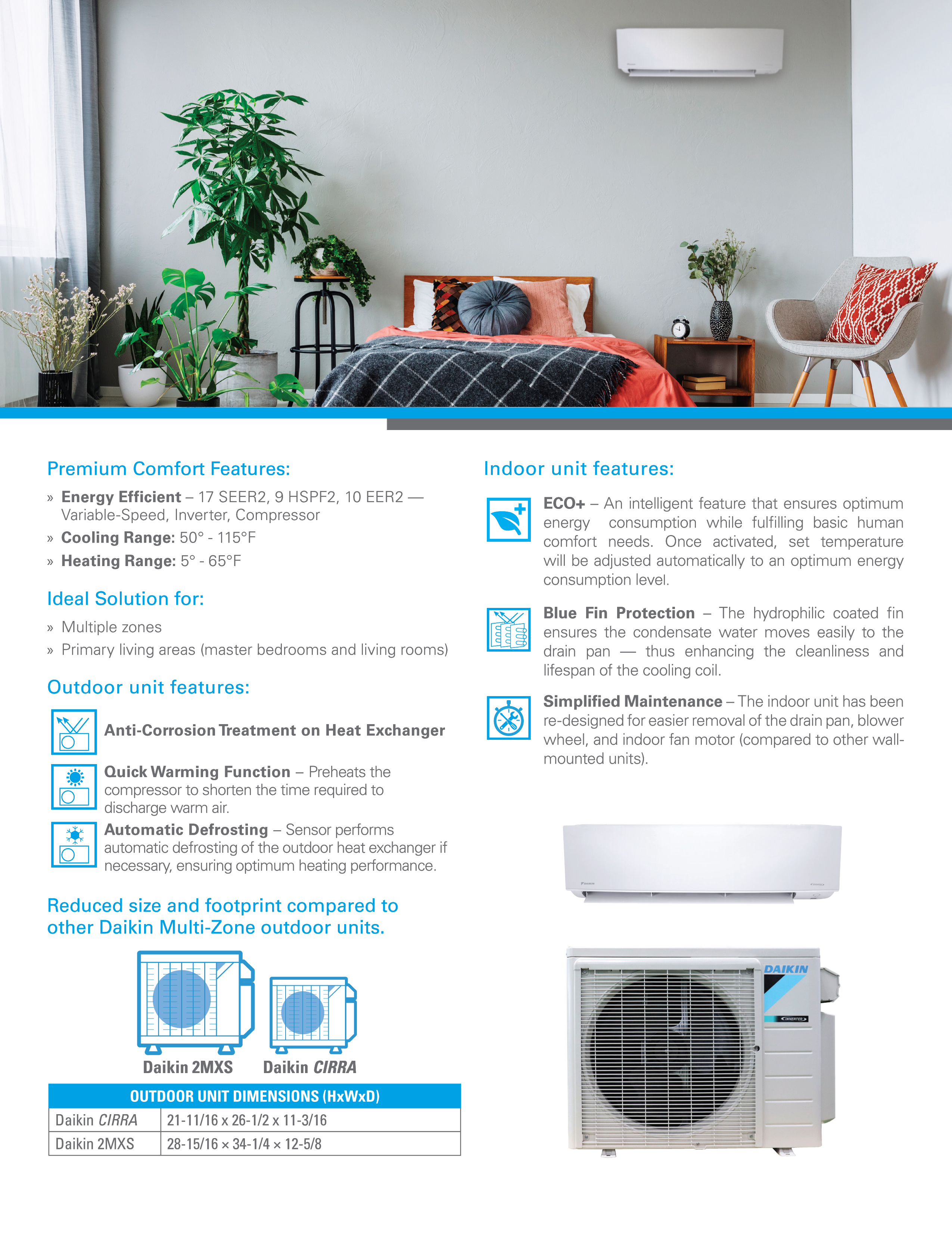 Mini Split Multi 2 Zone Daikin Cirra 17 SEER2 Heat Pump System, 2MX18AXVJU x 2 Wall Mount